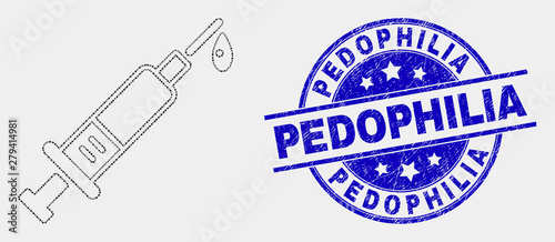 Pixel blood syringe mosaic pictogram and Pedophilia seal. Blue vector rounded textured seal stamp with Pedophilia text. Vector collage in flat style.