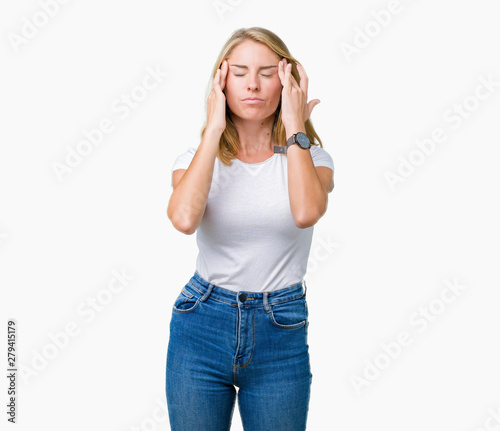 Beautiful young woman wearing casual white t-shirt over isolated background with hand on head for pain in head because stress. Suffering migraine.