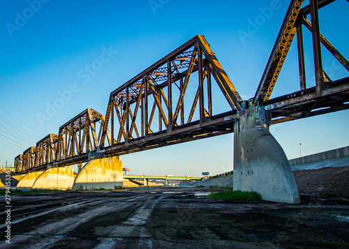 Golden Hour wide view of Old Rusted Bridge at the LA river in southgate los angeles photo