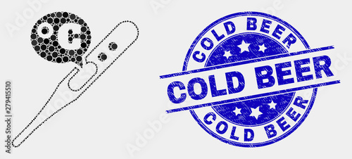 Dotted celsius thermometer mosaic icon and Cold Beer stamp. Blue vector round textured stamp with Cold Beer message. Vector combination in flat style.