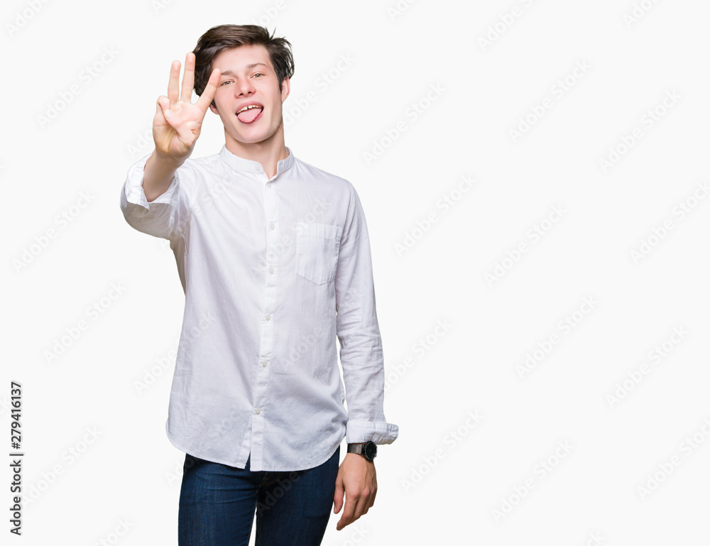 Young handsome business man over isolated background showing and pointing up with fingers number three while smiling confident and happy. Young handsome business man over isolated background showing and pointing up with fingers number three while smiling confident and happy.