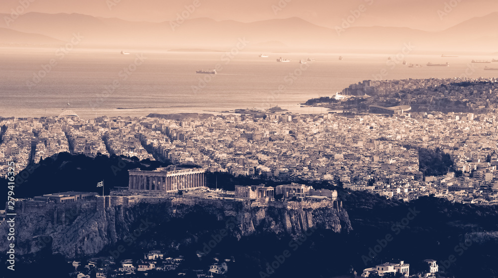 Old retro version of Acropolis in Athens.