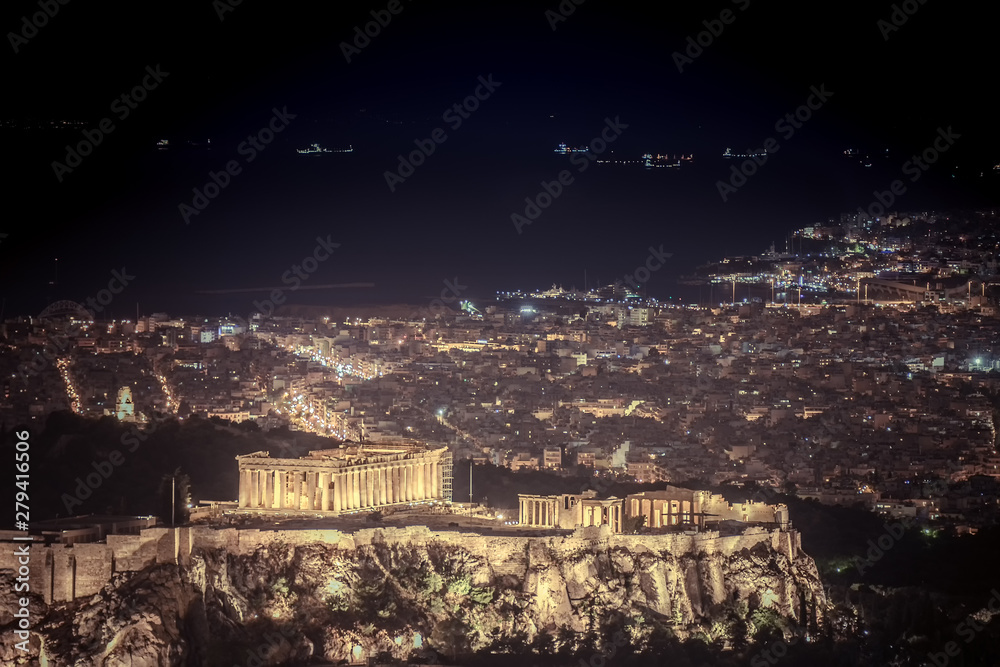Night view of famous Acropolis in Athens in Greece.