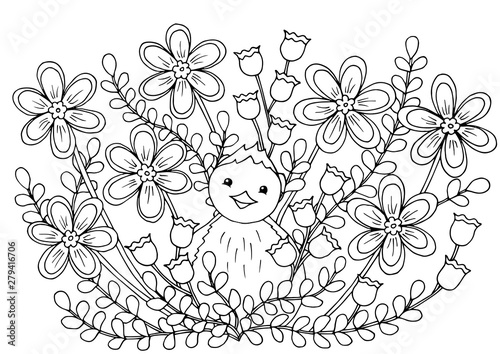 Coloring page with flowers and cute chicken