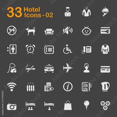 Set of hotel and travel vector icons. Contains such icons as plane, concierge, elevator, baby, dog and more.