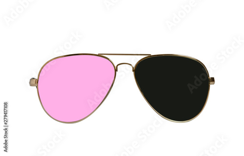 Aviator glasses with gold frame isolated on white background. Look through rose-black glasses.