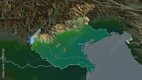 Veneto - region of Italy with its capital zoomed on the physical map of the globe. Animation 3D