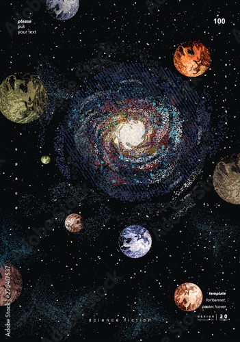 Vector abstract illustration of a galaxy and space with planets earth and mars. A drawing of a night starry sky for a pattern, background or texture.