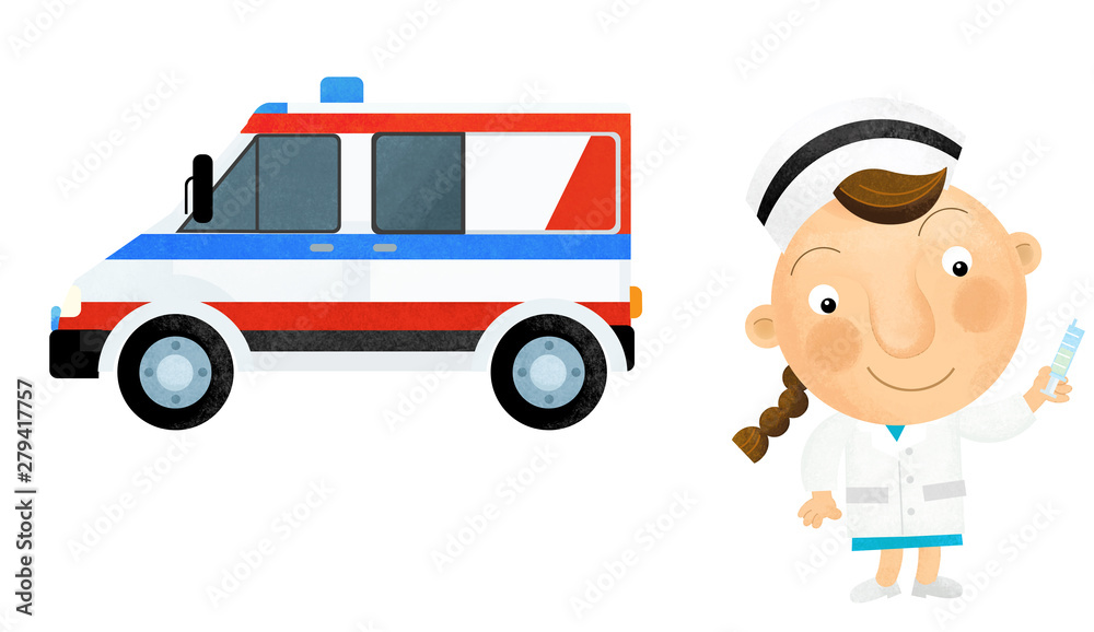 cartoon scene with girl doctor showing ambulance car on white background illustration for children cartoon scene with girl doctor showing ambulance car on white background illustration for children