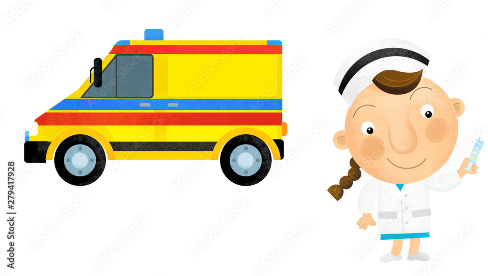 cartoon scene with girl doctor showing ambulance car on white background illustration for children cartoon scene with girl doctor showing ambulance car on white background illustration for children