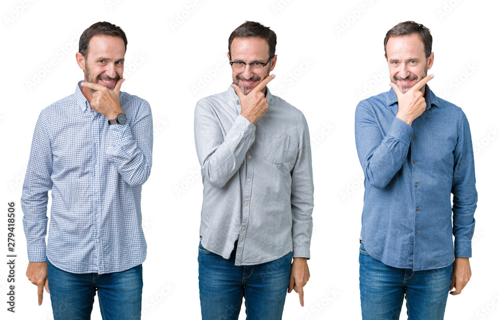Collage of handsome senior business man over white isolated background looking confident at the camera with smile with crossed arms and hand raised on chin. Thinking positive. Collage of handsome senior business man over white isolated background looking confident at the camera with smile with crossed arms and hand raised on chin. Thinking positive.