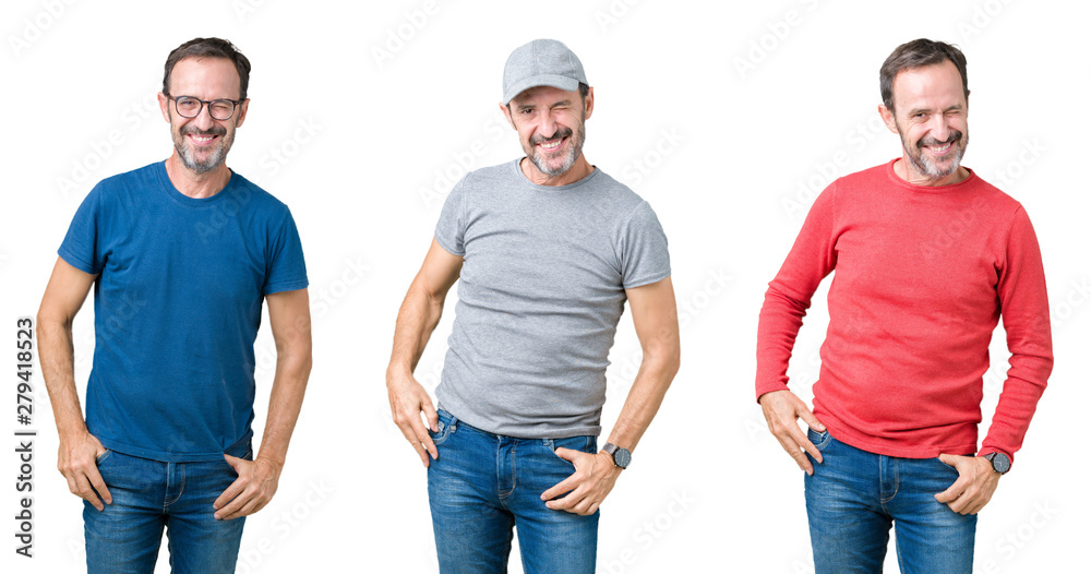 Collage of handsome senior man over white isolated background winking looking at the camera with sexy expression, cheerful and happy face. Collage of handsome senior man over white isolated background winking looking at the camera with sexy expression, cheerful and happy face.