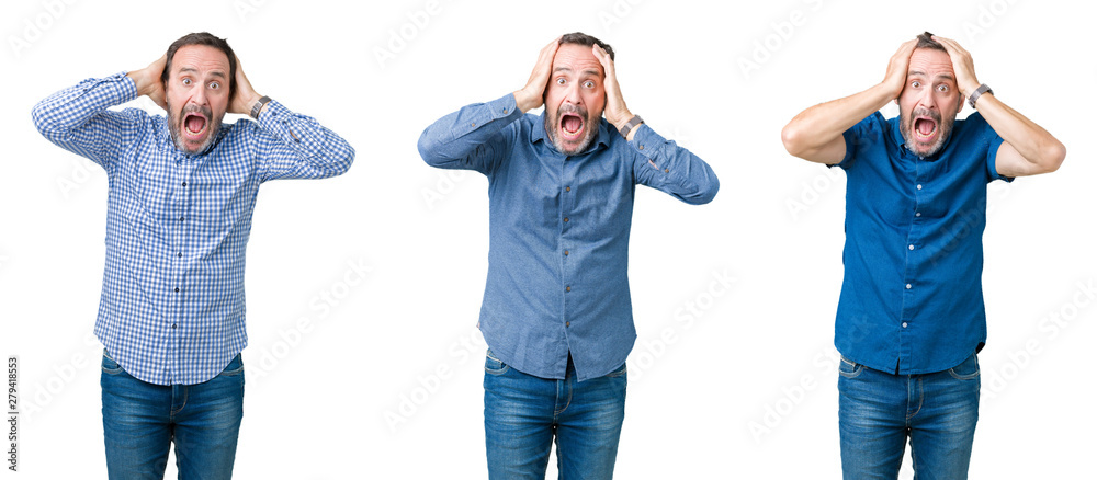 Collage of handsome senior man over white isolated background Crazy and scared with hands on head, afraid and surprised of shock with open mouth Collage of handsome senior man over white isolated background Crazy and scared with hands on head, afraid and surprised of shock with open mouth