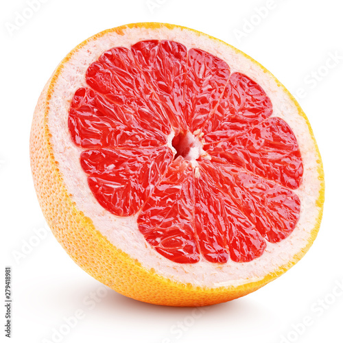 Half grapefruit citrus fruit isolated on white background with clipping path. Full depth of field.
