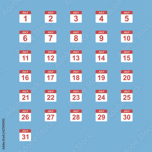 july calendar icons collection 1, 2, 3, 4, 5, 6, 7, 8, 9, 10, 11, 12, 13, 14, 15, 16, 17, 18, 19, 20, 21, 22, 23, 24, 25, 26, 27, 28, 29, 30, 31 photo