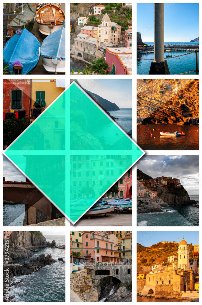 Collage photos of the Cinque Terre, in Italy, in 2:3 format. Vernazza and Manarola, splendid seaside resorts and fishermen, renowned tourist destinations for beach holidays in unspoiled nature.