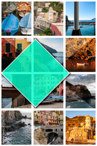 Collage photos of the Cinque Terre, in Italy, in 2:3 format. Vernazza and Manarola, splendid seaside resorts and fishermen, renowned tourist destinations for beach holidays in unspoiled nature.