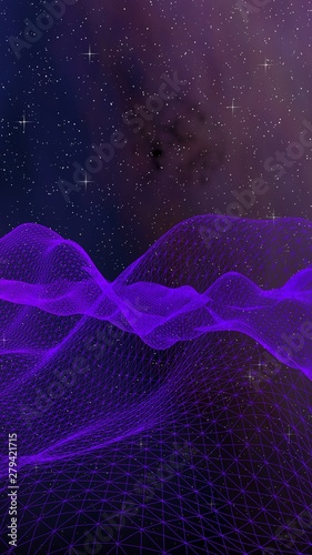 Abstract ultraviolet landscape on a dark background. Purple cyberspace grid. hi tech network. Outer space. Violet starry outer space texture. Vertical image orientation. 3D illustration © Plastic man