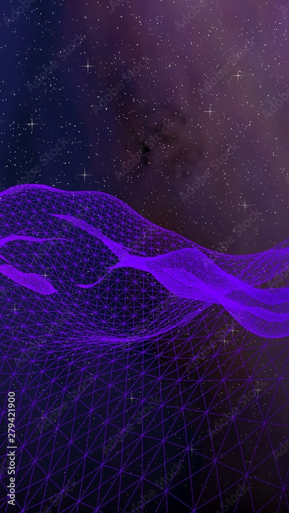 Abstract ultraviolet landscape on a dark background. Purple cyberspace grid. hi tech network. Outer space. Violet starry outer space texture. Vertical image orientation. 3D illustration