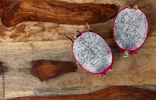 Dragonfruit on wooden slab