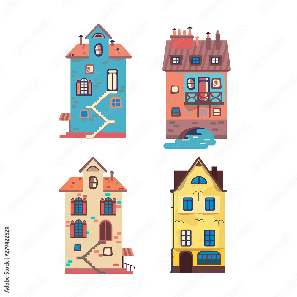 Old European houses. Victorian style. Square with a fountain Old European houses. Victorian style. Square with a fountain