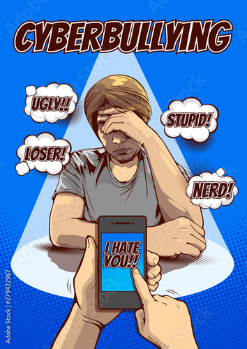 cyber bullying and social media, Being Bullied By Text Message, Signs and Symptoms of Stress in Men, Pictures of men hold the head with hand, comic cover template background, speech bubbles, doodle ar