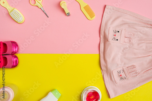 Hygiene set for baby and clothing, with copy space