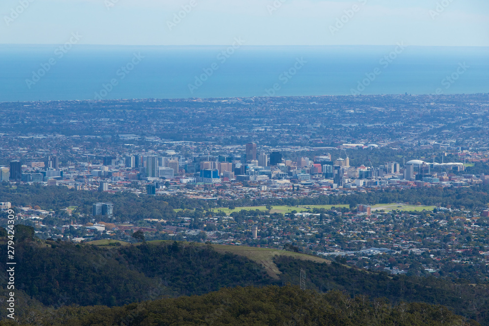 Adelaide city skyline view from Mt Lofty summit.