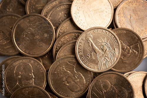 Close up 1 dollar coins,money background.
