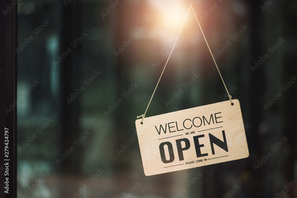 "Open" on cafe or restaurant hang on door at entrance. - obrazy, fototapety, plakaty 