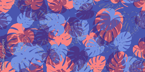 Coral blue tropical seamless vector pattern background. Exotic wallpaper