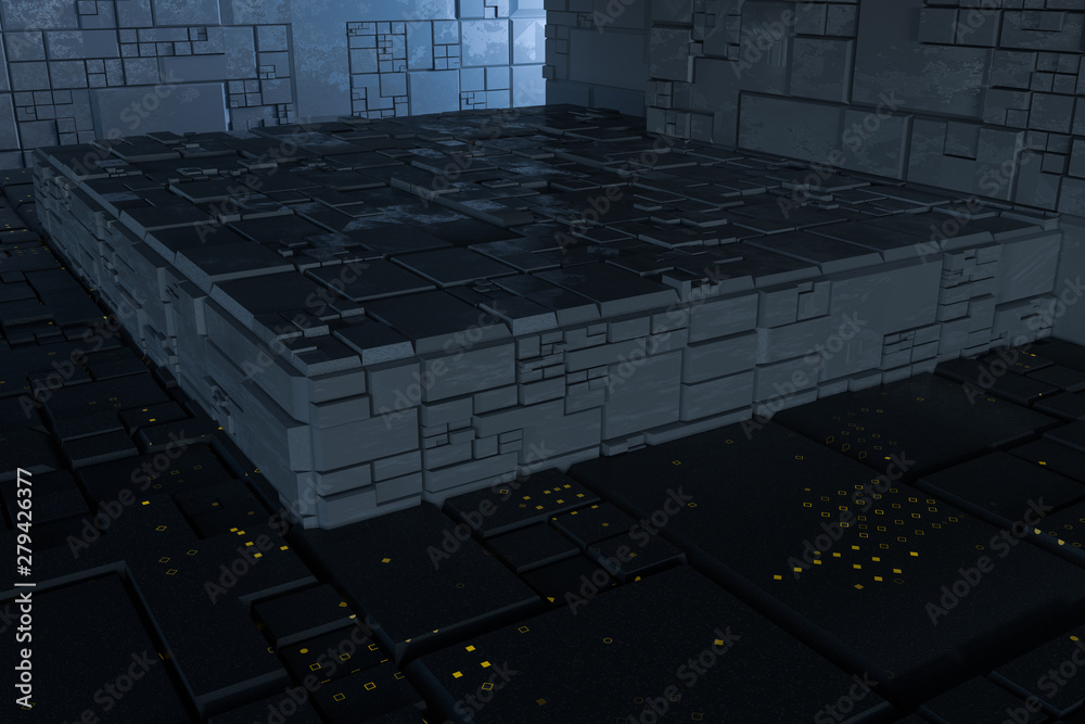 Obraz premium Dark ruins with circuit texture wall, sci-fi architecture background, 3d rendering.