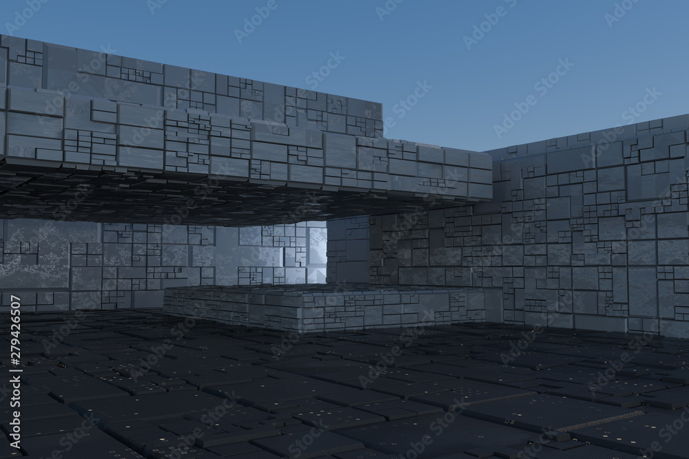 Dark ruins with circuit texture wall, sci-fi architecture background, 3d rendering.