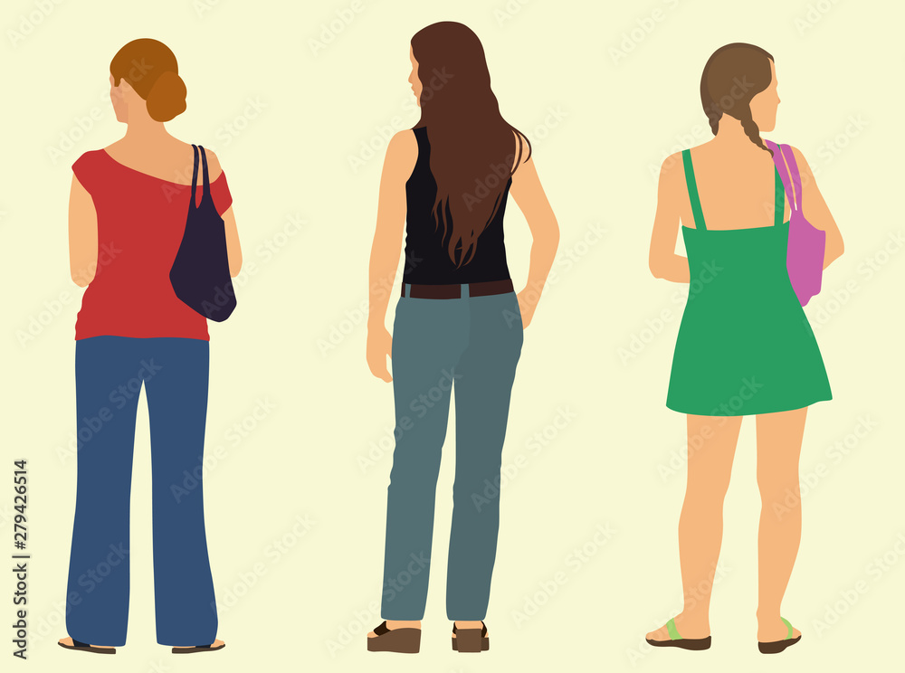 Three White Women Viewed from Behind while Wearing Casual clothes Three White Women Viewed from Behind while Wearing Casual clothes