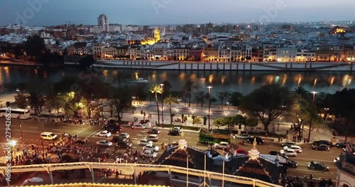 Aerial view of Plaza de Toros de la Maestranza, bridge and city skyline in Seville Spain