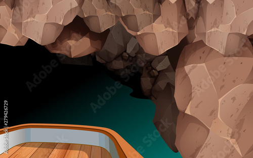 wooden boat in the cave in  daytime