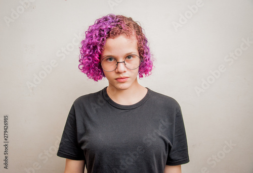 young woman with colorful hair, with white background - facial expressions