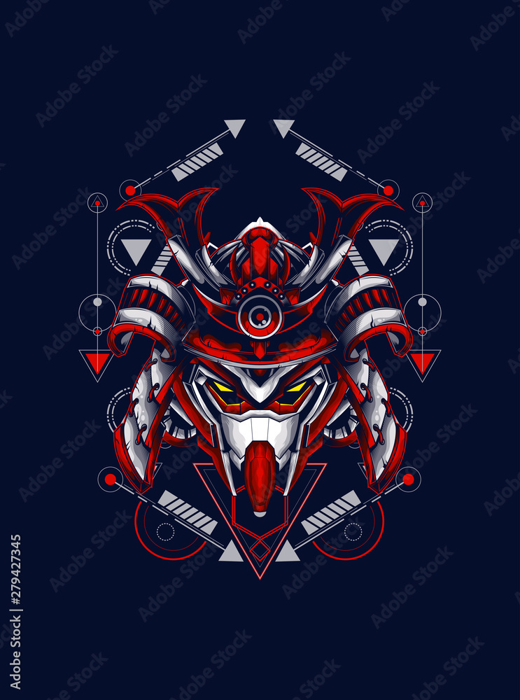 head robot mecha head samurai logo illustration with sacred geometry pattern as teh background head robot mecha head samurai logo illustration with sacred geometry pattern as teh background