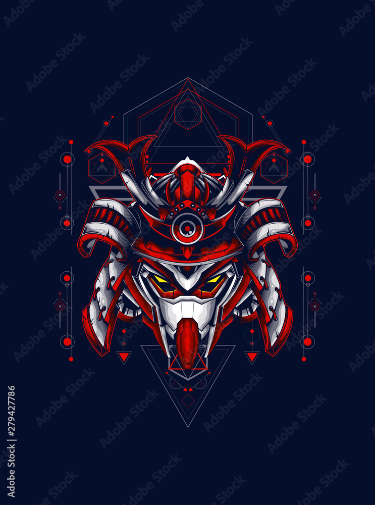 head robot mecha head samurai logo illustration with sacred geometry pattern as teh background head robot mecha head samurai logo illustration with sacred geometry pattern as teh background