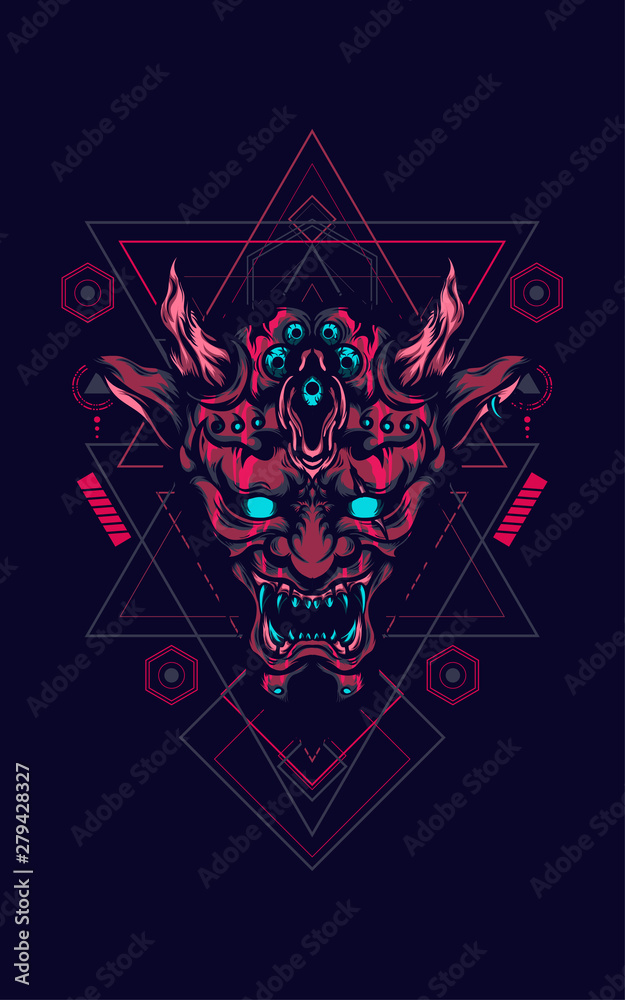 devil head logo illustration with sacred geometry pattern as the background