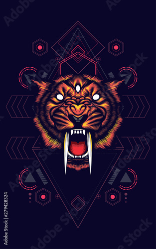 saber tooth tiger head logo illustration with sacred geometry pattern as the background photo