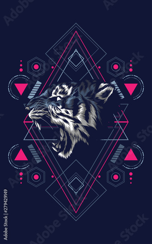 wild roaring head tiger logo illustration with sacred geometry pattern as the background