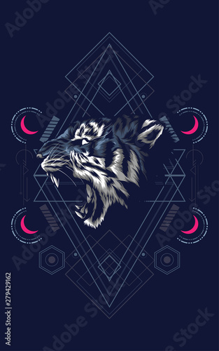 wild roaring head tiger logo illustration with sacred geometry pattern as the background