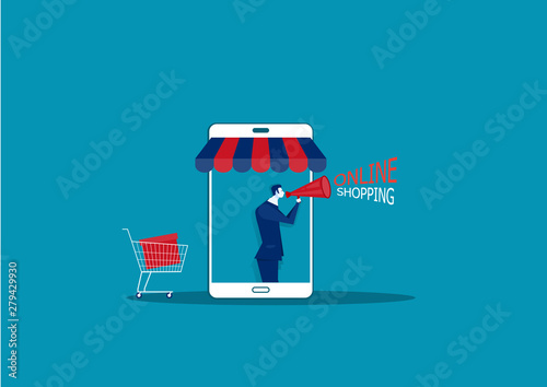 business man on  smartphone with E-shop online store internet shop promotion advertisement presentation illustration. 