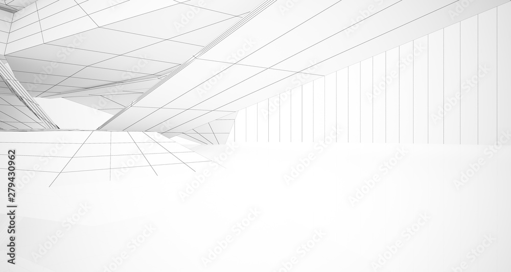 Drawing abstract architectural white interior of a minimalist house with large windows. 3D illustration and rendering.