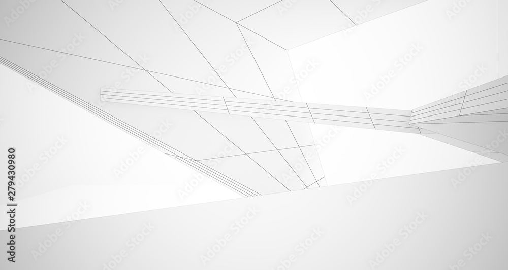 Fototapeta premium Drawing abstract architectural white interior of a minimalist house with large windows. 3D illustration and rendering.