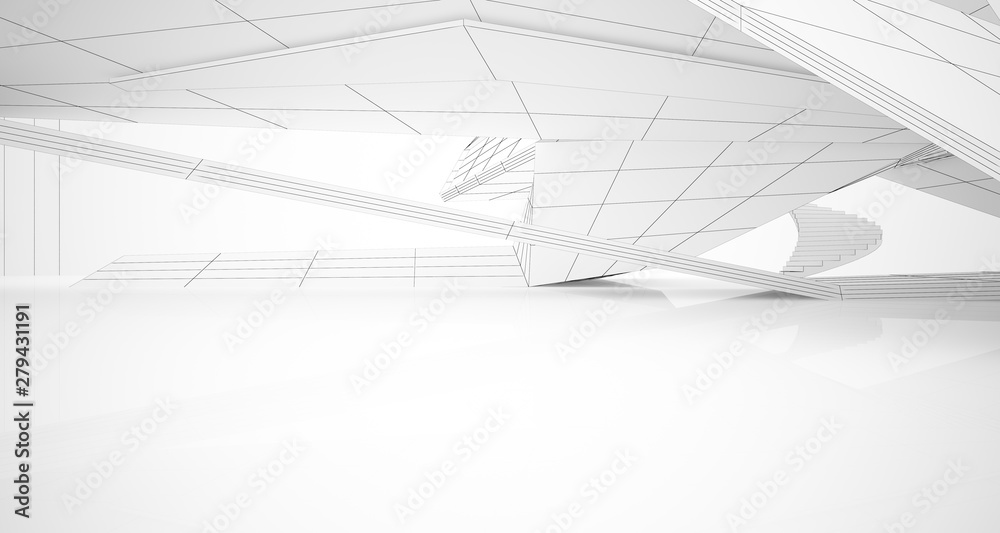 Drawing abstract architectural white interior of a minimalist house with large windows. 3D illustration and rendering. Drawing abstract architectural white interior of a minimalist house with large windows. 3D illustration and rendering.