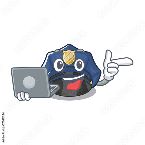 With laptop police hat isolated in the mascot