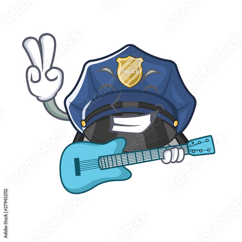 With guitar police hat in the cartoon cupboard