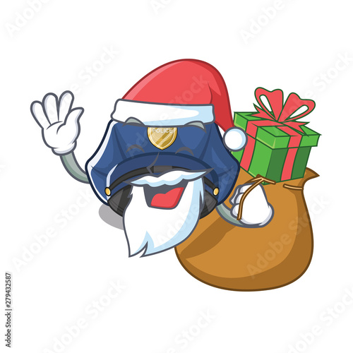 Santa with gift police hat in a cartoon bag